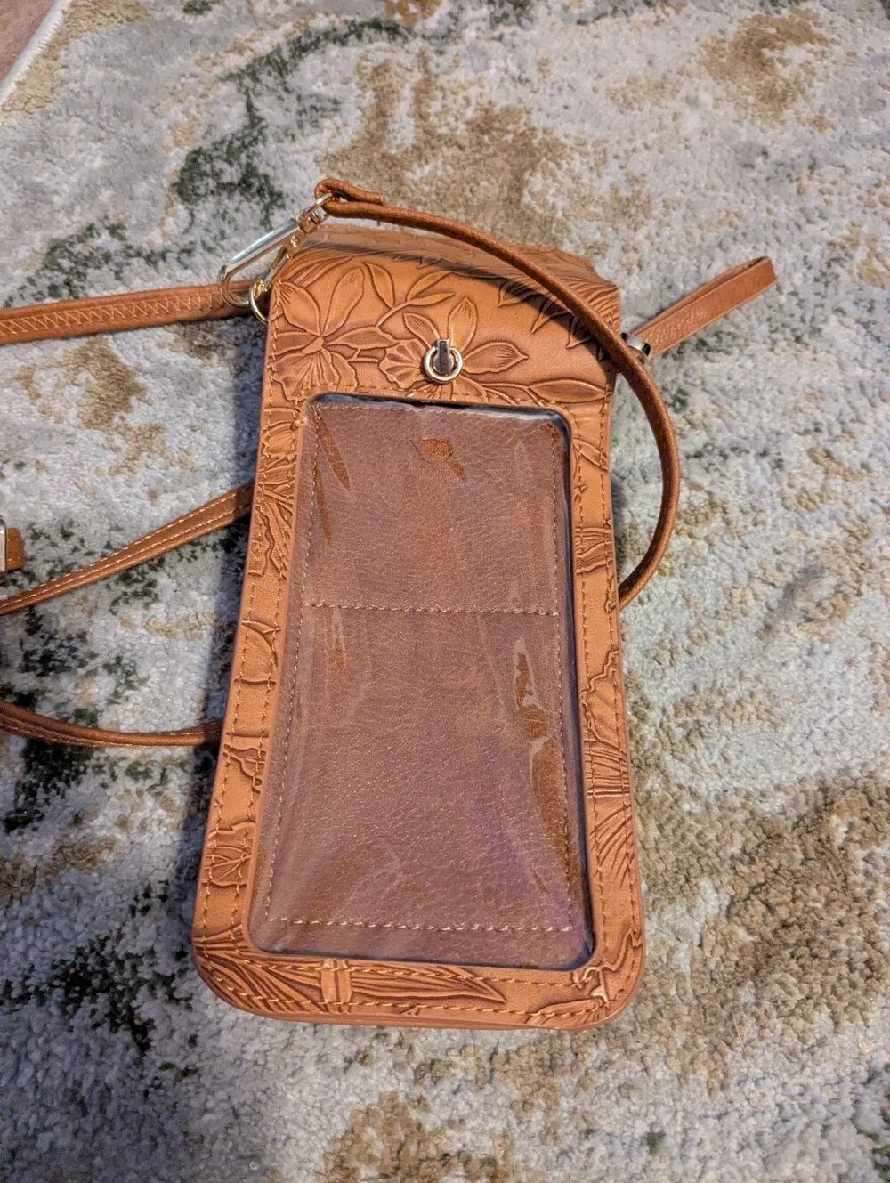 Floral  Faux Leather Crossbody Phone Pouch Purse - Brown